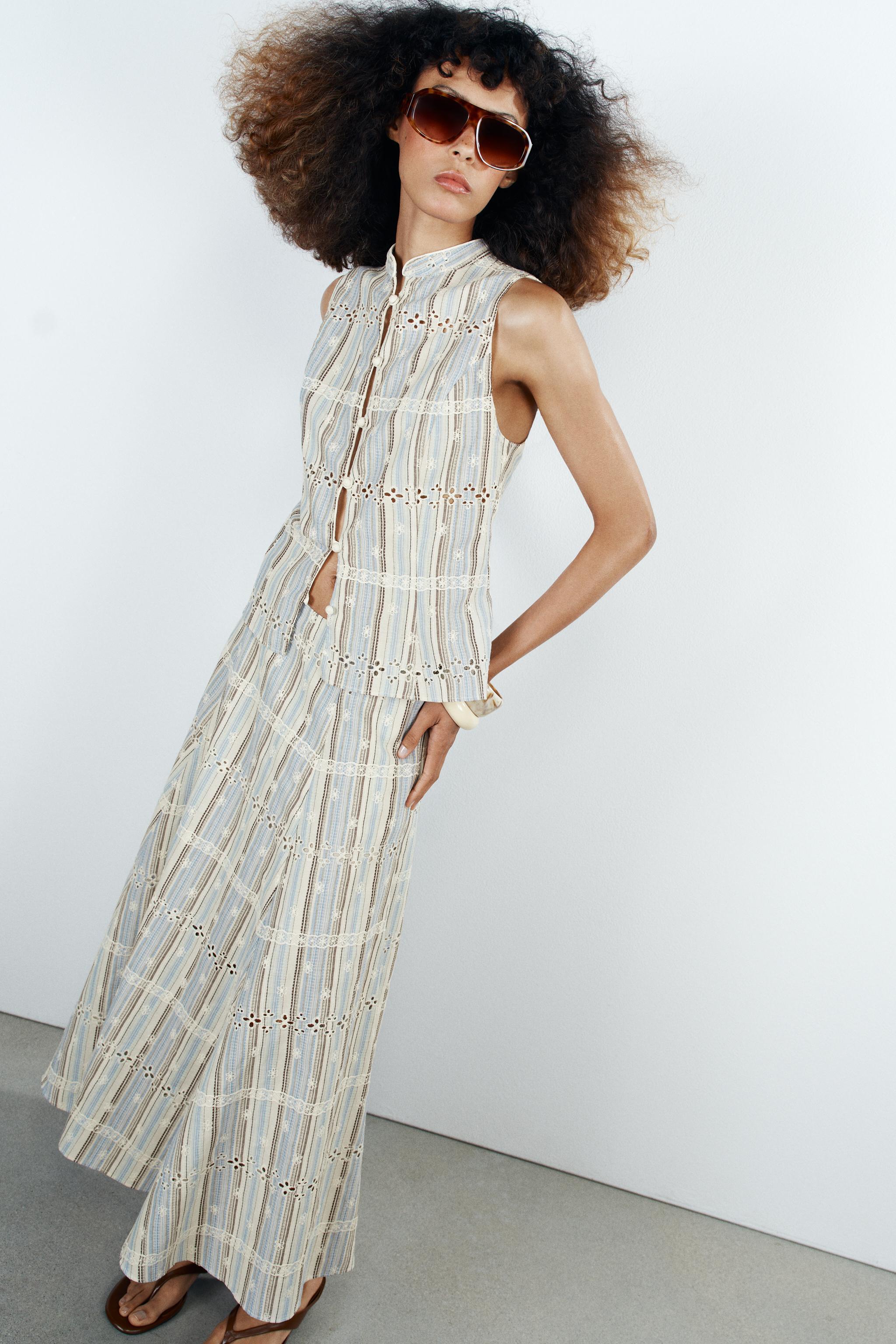 STRIPED EMBROIDERED MIDI SKIRT